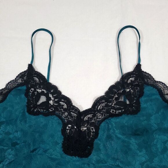 Y2K Satin Floral Lace Nighty Slip Set S Green Courtenay 3pc Highrise witchy goth - Picture 13 of 16